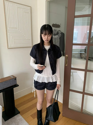 Dark Blue Kitsch Elastic Button Denim Short Sleeve Jacket