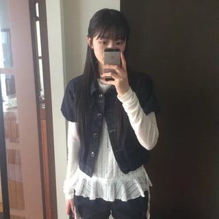 Dark Blue Kitsch Elastic Button Denim Short Sleeve Jacket