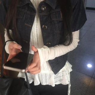 Dark Blue Kitsch Elastic Button Denim Short Sleeve Jacket