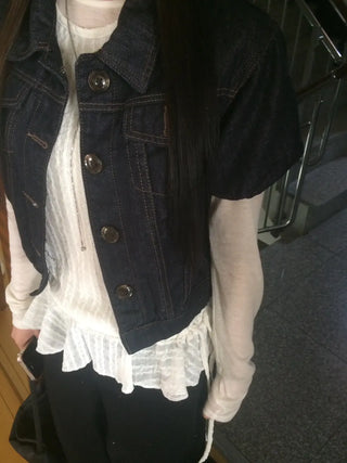 Dark Blue Kitsch Elastic Button Denim Short Sleeve Jacket