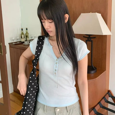 Mother-of-pearl Button V-neck Daily Short Sleeve Knit