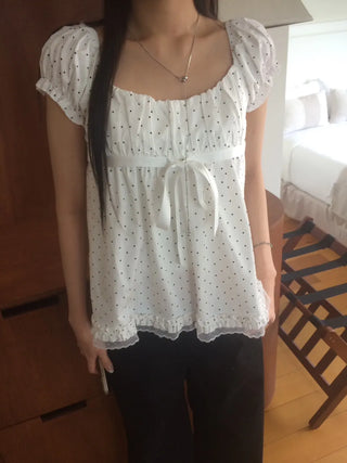 Lace Scarf Square Neck Dot Shirred Lace Blouse