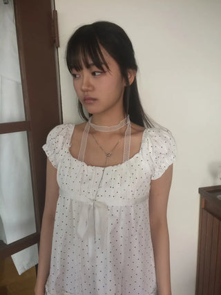 Lace Scarf Square Neck Dot Shirred Lace Blouse