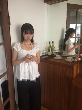 Lace Scarf Square Neck Dot Shirred Lace Blouse