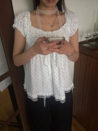 Lace Scarf Square Neck Dot Shirred Lace Blouse