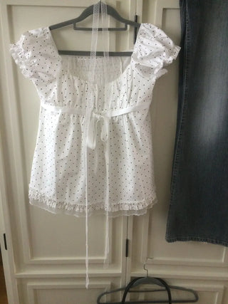 Lace Scarf Square Neck Dot Shirred Lace Blouse