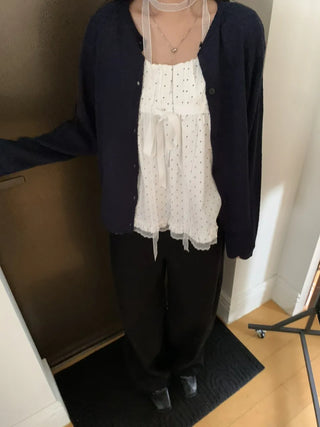 Lace Scarf Square Neck Dot Shirred Lace Blouse