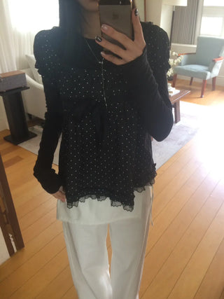 Lace Scarf Square Neck Dot Shirred Lace Blouse