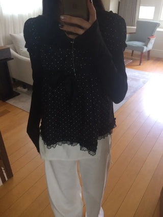 Lace Scarf Square Neck Dot Shirred Lace Blouse