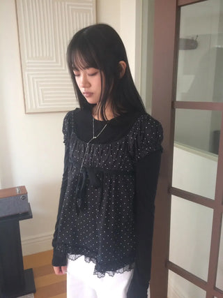 Lace Scarf Square Neck Dot Shirred Lace Blouse