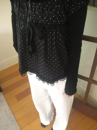 Lace Scarf Square Neck Dot Shirred Lace Blouse