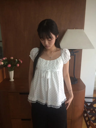 Lace Scarf Square Neck Dot Shirred Lace Blouse