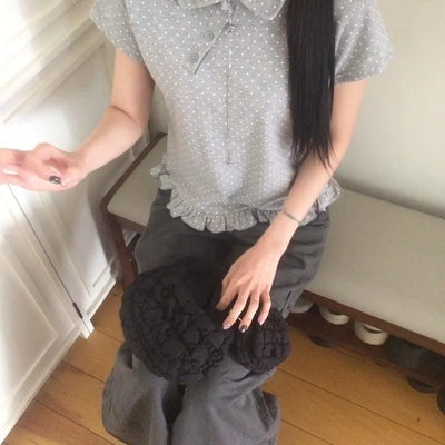 Collared Dot Pique Diagonal Button Frill T-shirt