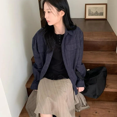 Textured Long Sleeve Check Vintage Oversized Shirt