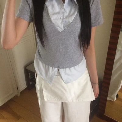 Striped Shirt Layered V-Neck Short Sleeve T-Shirt
