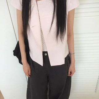 Light pink cap, round collar, double-button, cut-out short-sleeve shirt