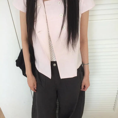 Light pink cap, round collar, double-button, cut-out short-sleeve shirt
