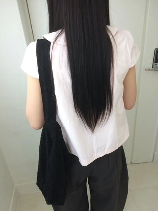 Light pink cap, round collar, double-button, cut-out short-sleeve shirt
