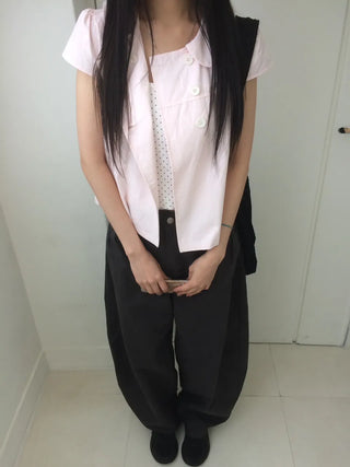 Light pink cap, round collar, double-button, cut-out short-sleeve shirt