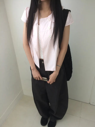 Light pink cap, round collar, double-button, cut-out short-sleeve shirt