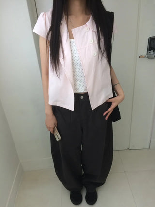 Light pink cap, round collar, double-button, cut-out short-sleeve shirt