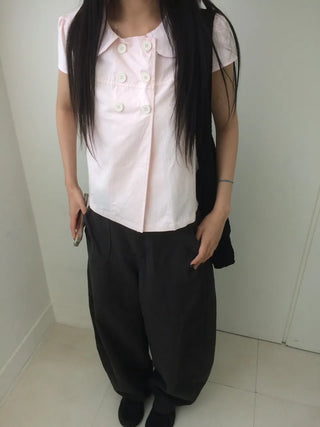 Light pink cap, round collar, double-button, cut-out short-sleeve shirt