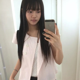 Light pink cap, round collar, double-button, cut-out short-sleeve shirt