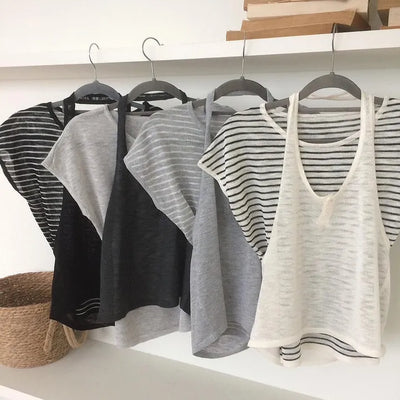 Daily Halter Layered Sleeveless Short-Sleeve Knit Set