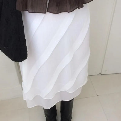 Chiffon diagonal line hem see-through layered midi skirt