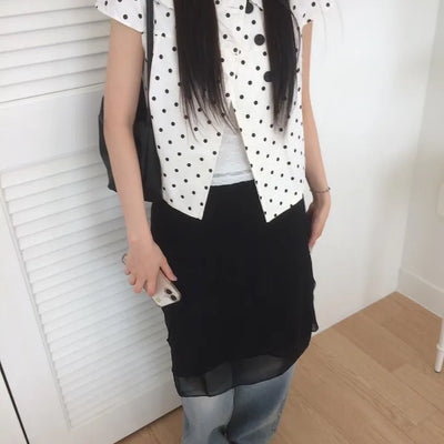 Ivory Dot Cap, Round Collar, Double Button, Cut-out Short Sleeve Shirt
