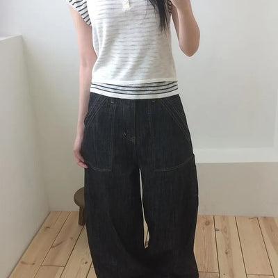 Big Pocket Dark Blue Balloon Carpenter Wide Denim