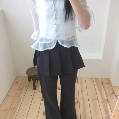 Pleated Mini Skirt and Wide Bootcut Slacks Set