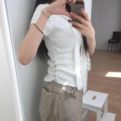 Tie Shirred Wave Button Short Sleeve Knit