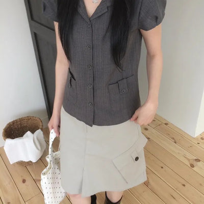 Button Pocket Round Collar Striped Short Sleeve Shirt