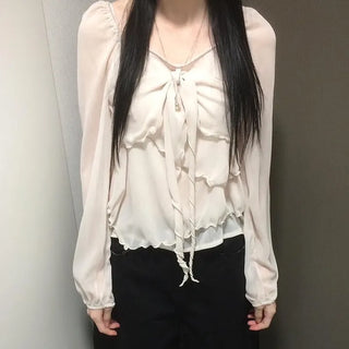 Ribbon Chiffon Girls Long Sleeve Blouse