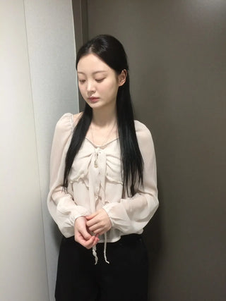 Ribbon Chiffon Girls Long Sleeve Blouse