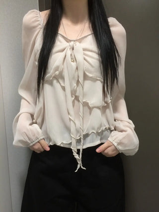 Ribbon Chiffon Girls Long Sleeve Blouse