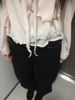 Ribbon Chiffon Girls Long Sleeve Blouse