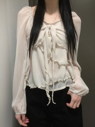 Ribbon Chiffon Girls Long Sleeve Blouse