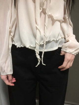 Ribbon Chiffon Girls Long Sleeve Blouse