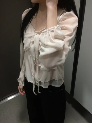 Ribbon Chiffon Girls Long Sleeve Blouse