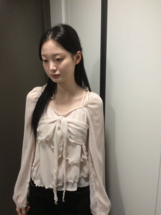 Ribbon Chiffon Girls Long Sleeve Blouse