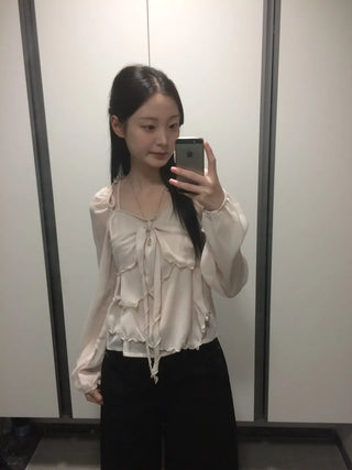 Ribbon Chiffon Girls Long Sleeve Blouse