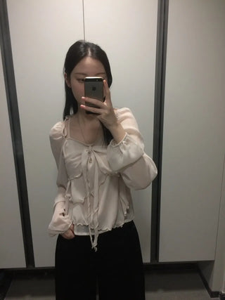Ribbon Chiffon Girls Long Sleeve Blouse