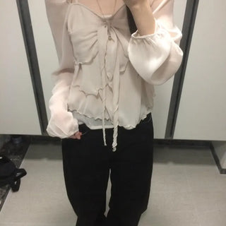 Ribbon Chiffon Girls Long Sleeve Blouse