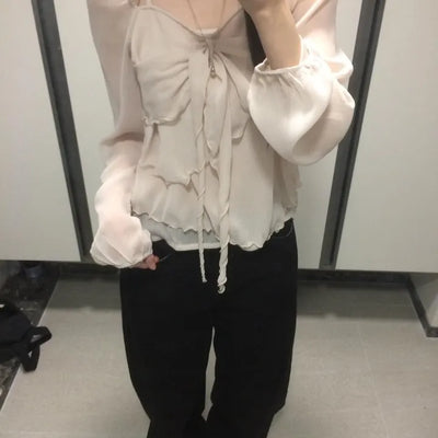 Ribbon Chiffon Girls Long Sleeve Blouse