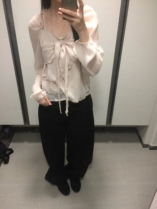Ribbon Chiffon Girls Long Sleeve Blouse