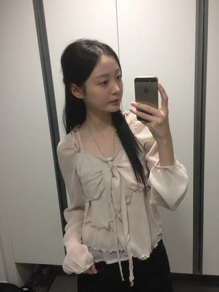 Ribbon Chiffon Girls Long Sleeve Blouse
