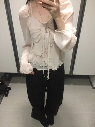 Ribbon Chiffon Girls Long Sleeve Blouse