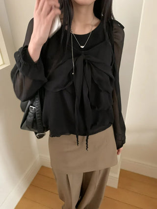 Ribbon Chiffon Girls Long Sleeve Blouse